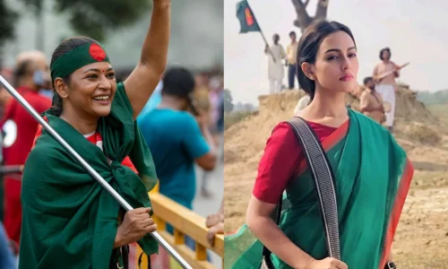 অভিনেত্রী আজমেরী হক বাঁধন ও নুসরাত ফারিয়া। ছবি : সংগৃহীত